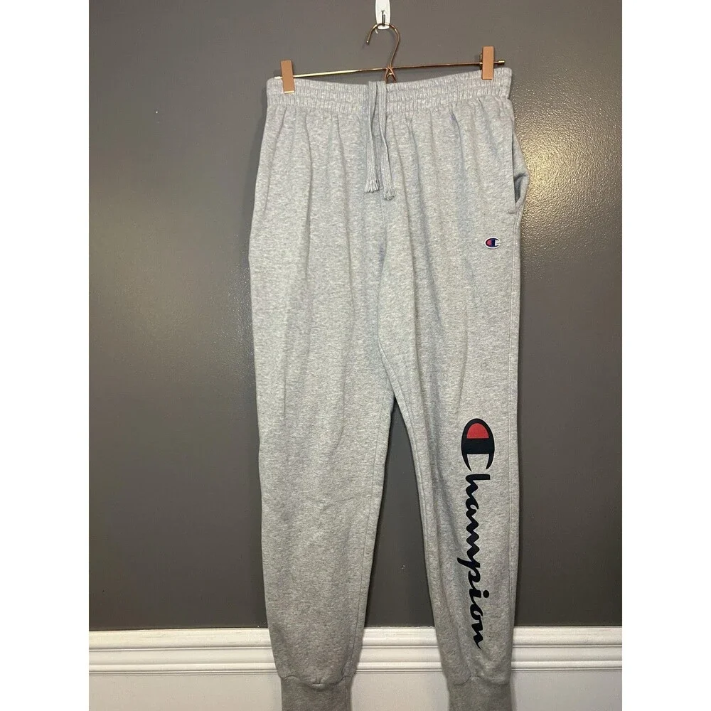 Champion Sweatpants Mens Medium Gray Fleece Jogger Pants Script Logo Athletic